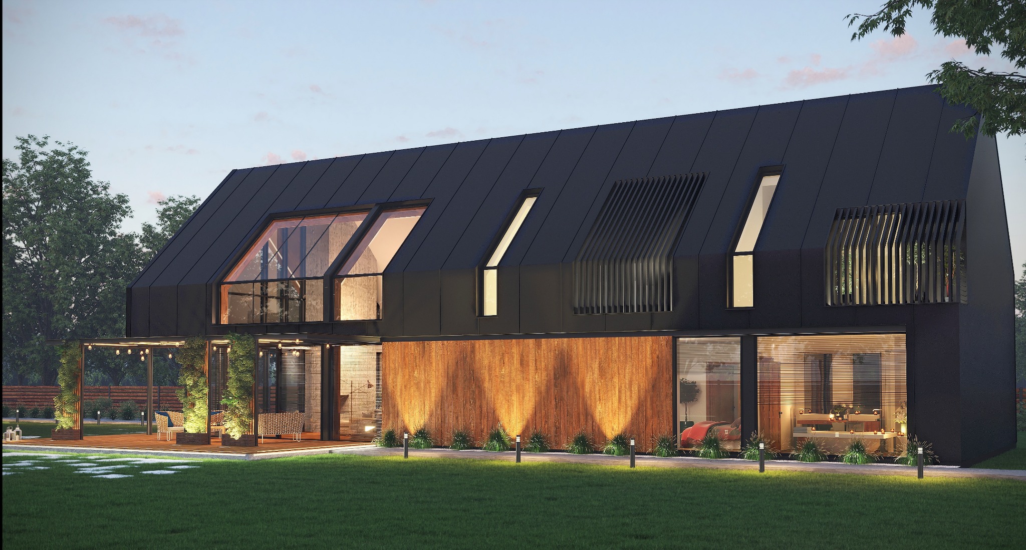 Nowoczesny dom z czarną, skośną bryłą dachu, drewnianą elewacją podświetloną punktowymi lampami, przeszklonymi ścianami i pergolą z roślinami pnącymi oraz dekoracyjnym oświetleniem.