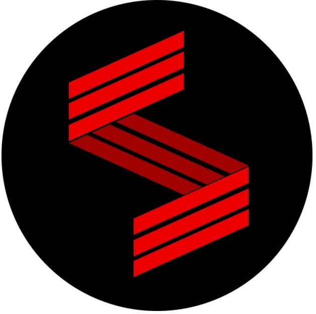 Abstrakcyjne logo: czerwona litera 'S' ułożona z trzech równoległych pasków na czarnym okręgu.