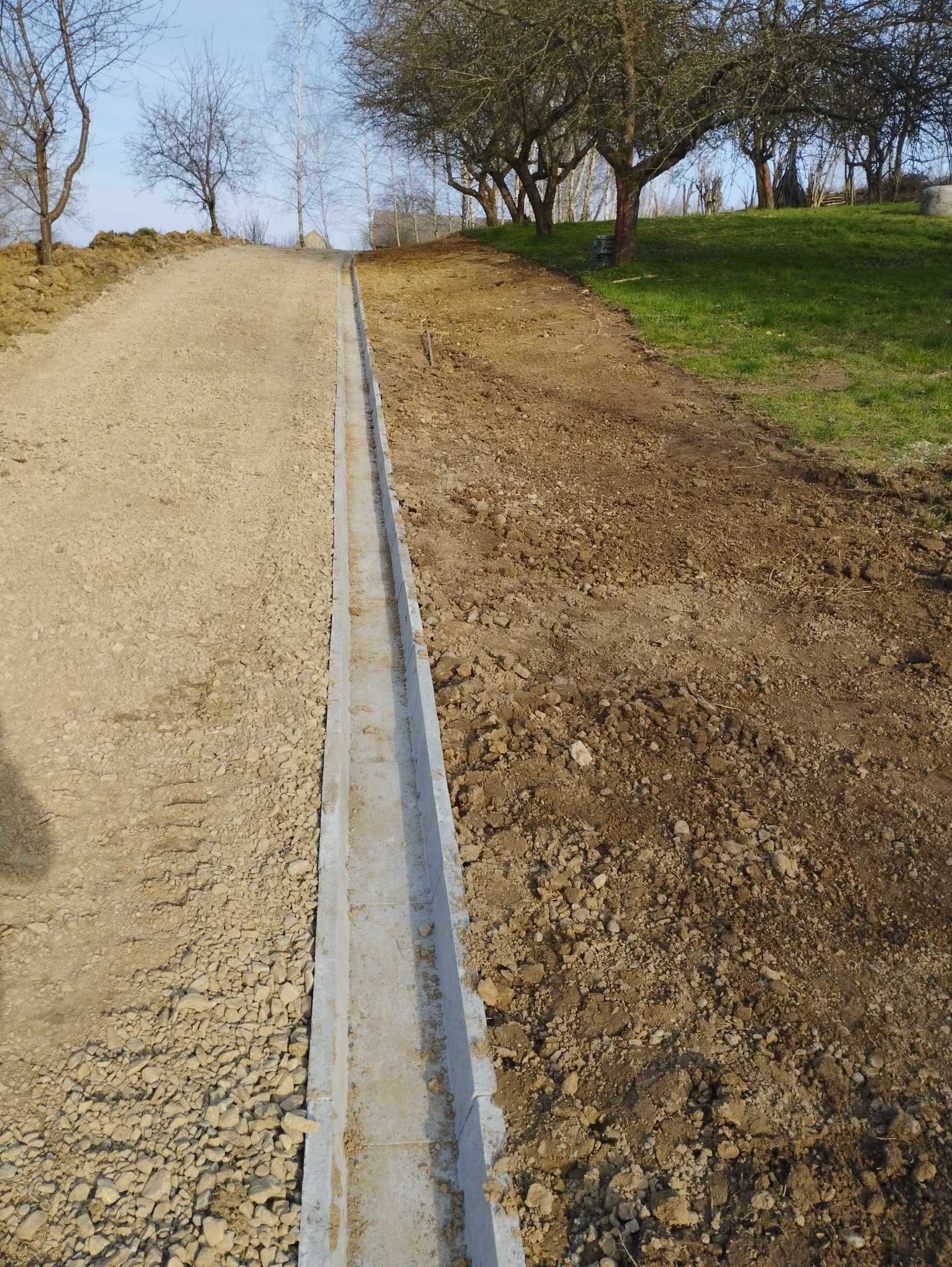 Układanie korytek ściekowych przy drodze