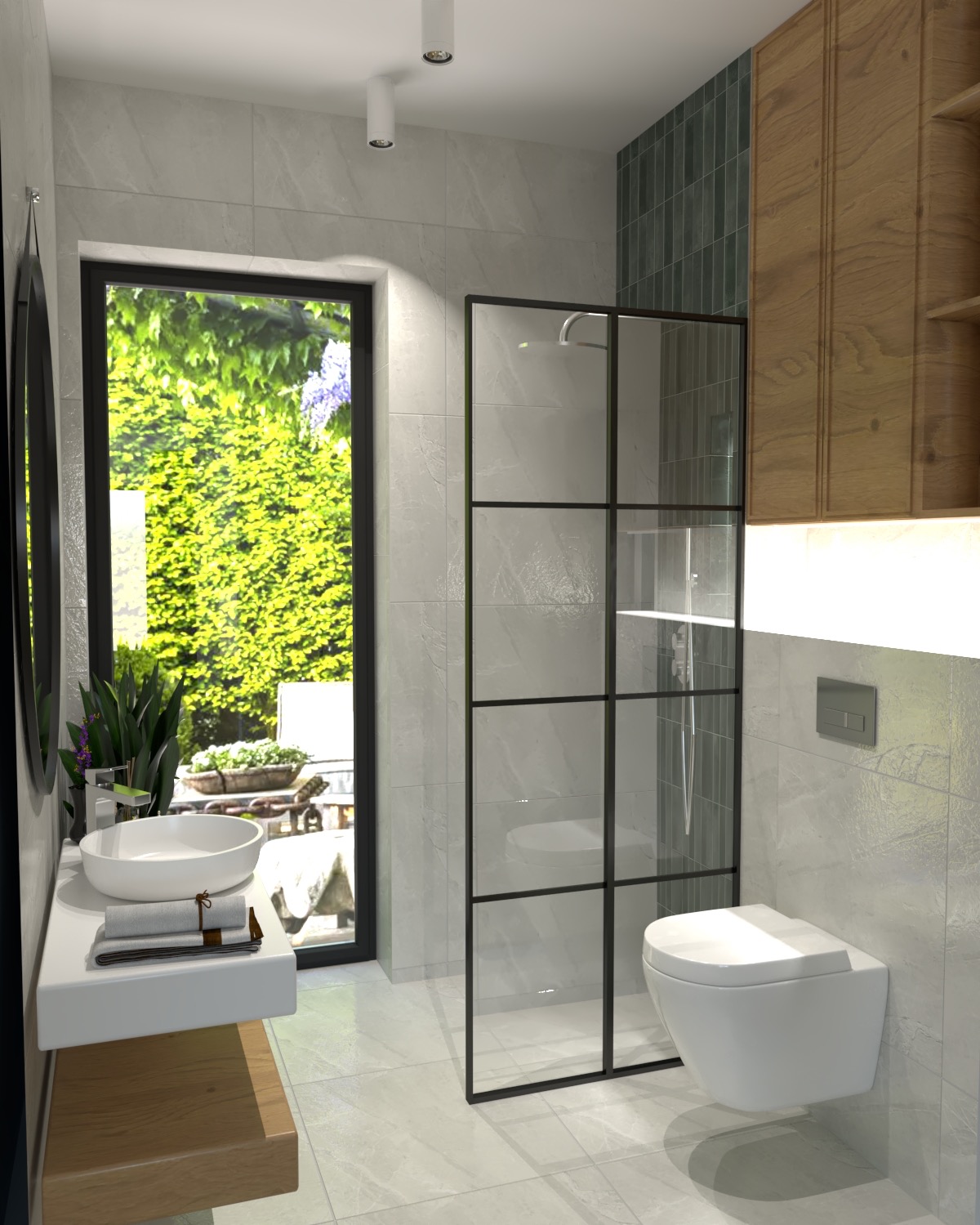Jasna łazienka z kabiną prysznicową typu walk-in z czarnymi szprosami, podwieszaną toaletą, umywalką nablatową na blacie z drewnianą półką i widokiem na zieleń za oknem.