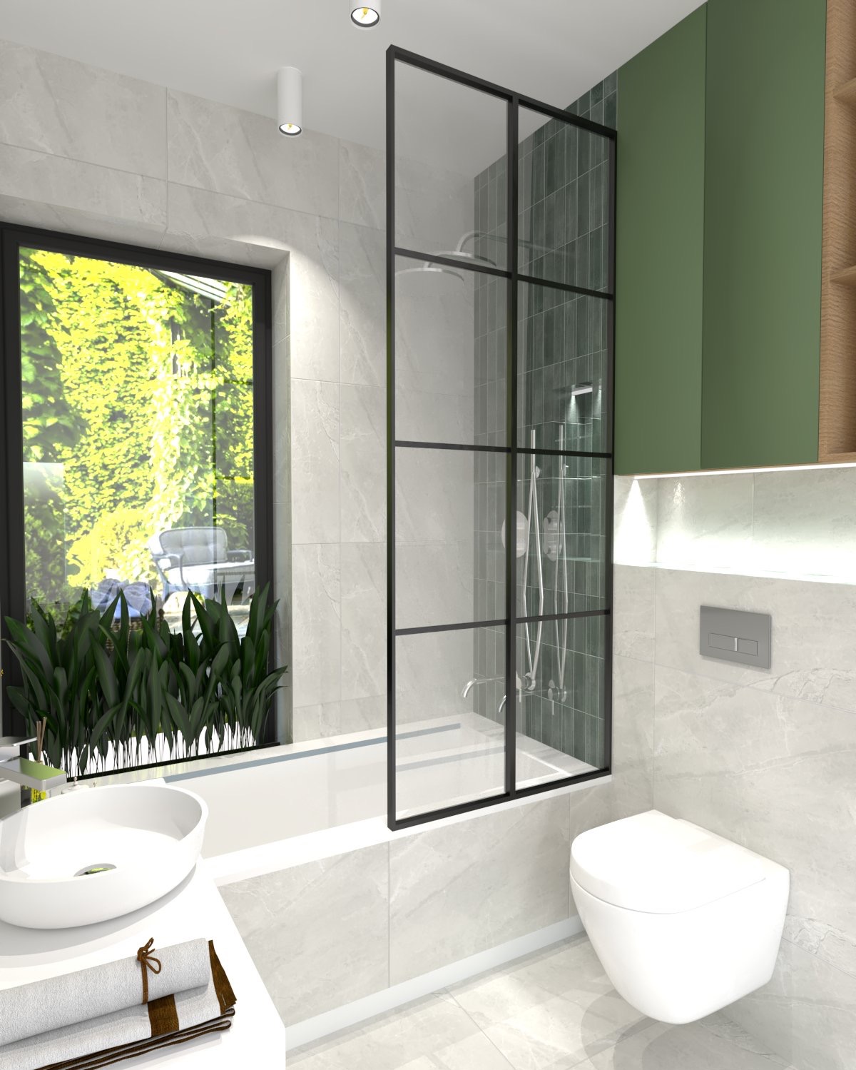 Nowoczesna łazienka z wanną, kabiną prysznicową oddzieloną czarną ramą, umywalką nablatową z ręcznikami, zieloną ścianą i roślinami w oknie.