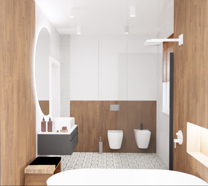 Nowoczesna łazienka z drewnianymi akcentami, owalnym lustrem z podświetleniem LED, białą armaturą i mozaikową podłogą.