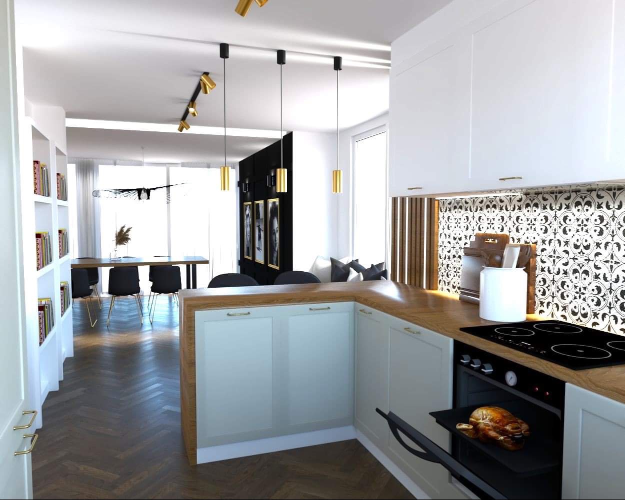 Wnętrze kuchni z otwartą przestrzenią jadalną, białe szafki z drewnianym blatem, dekoracyjna mozaika nad blatem, pieczony kurczak w piekarniku, parkiet w jodełkę na podłodze, minimalistyczne lampy...