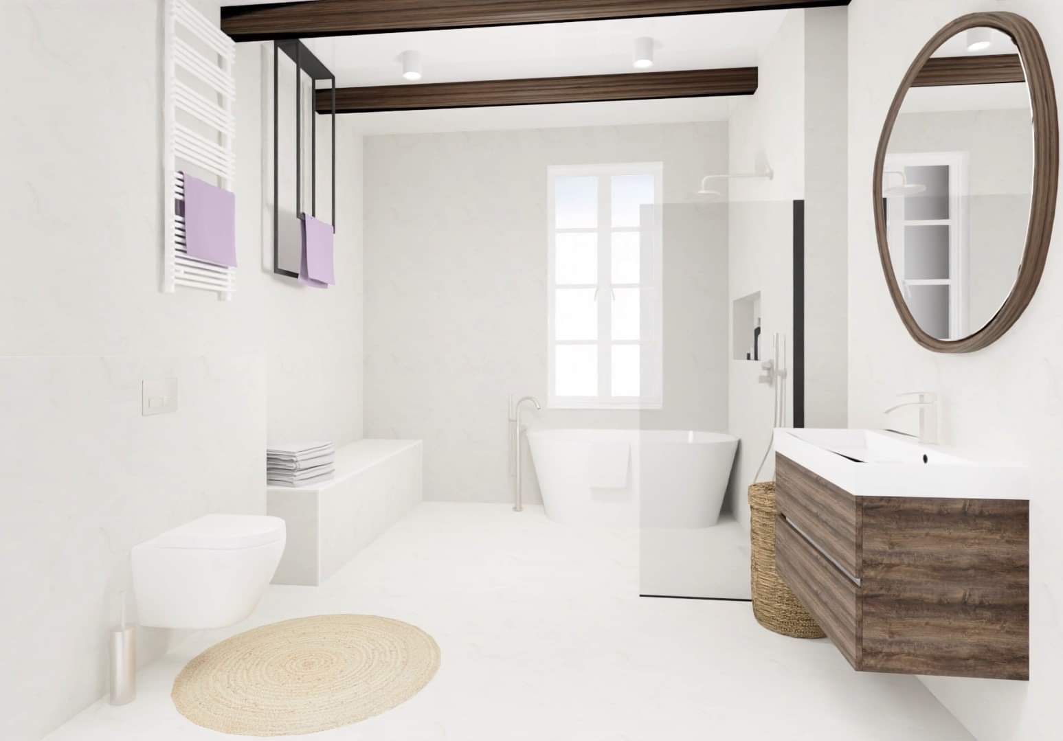 Wizualizacja jasnej łazienki z wanną wolnostojącą, drewnianymi belkami na suficie i owalnym lustrem w drewnianej ramie, uzupełniona o białą ceramikę i beżowy dywanik.