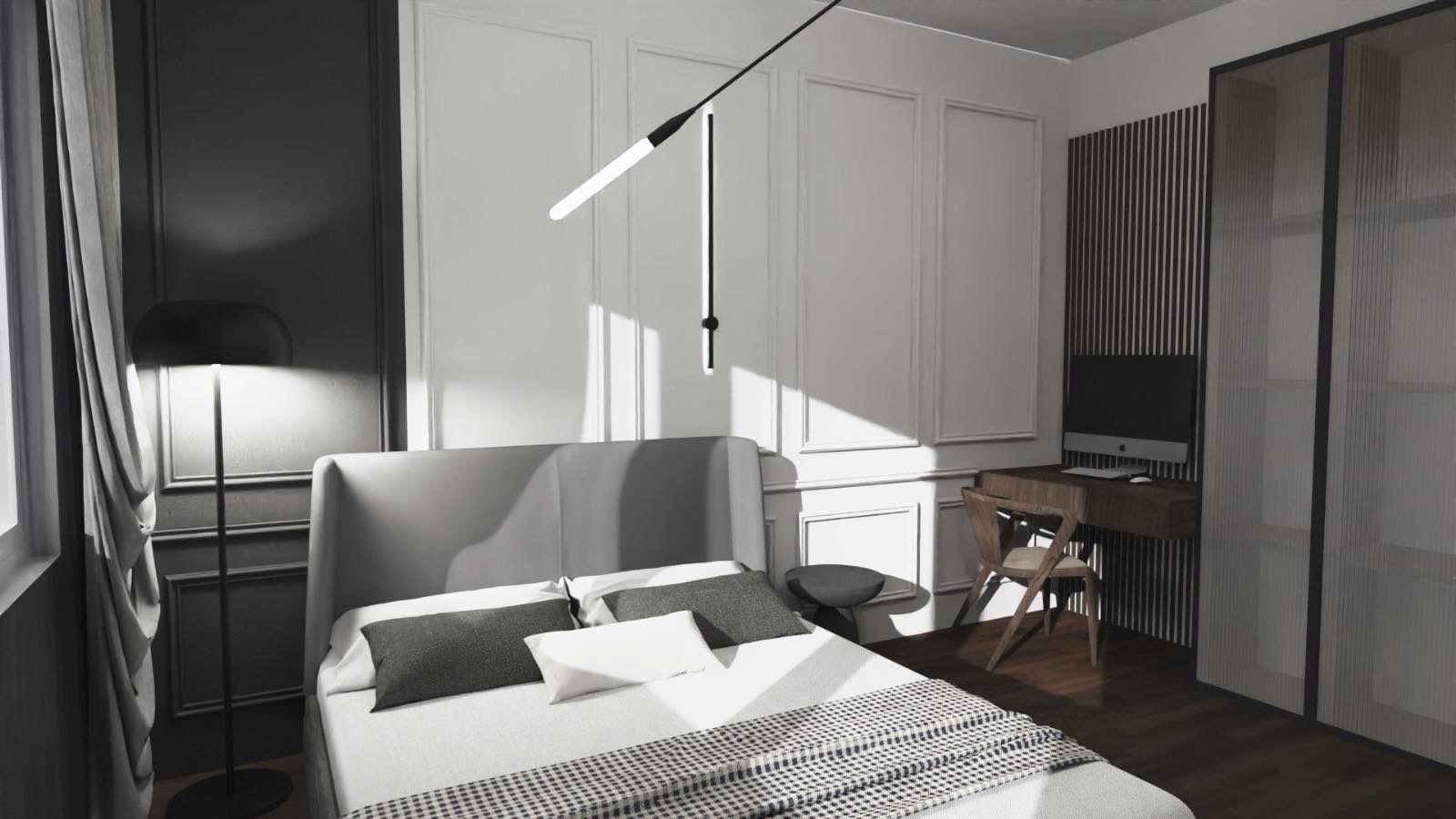 Czarno-biała wizualizacja sypialni z łóżkiem z szarą ramą, biurkiem z komputerem i lampą podłogową, oświetlona nowoczesną lampą wiszącą.