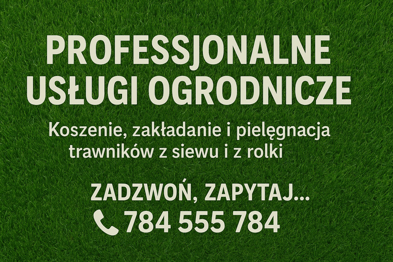Grafika reklamowa: Profesjonalne usługi ogrodnicze, koszenie, zakładanie trawników z siewu i rolki. Kontakt: numer telefonu na tle soczystej, zielonej trawy.