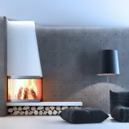 Nowoczesny salon z betonową ścianą, kominkiem z paleniskiem i zapasem drewna, czarnym fotelem typu pufa, lampą podłogową i widokiem na zimowy krajobraz za oknem.