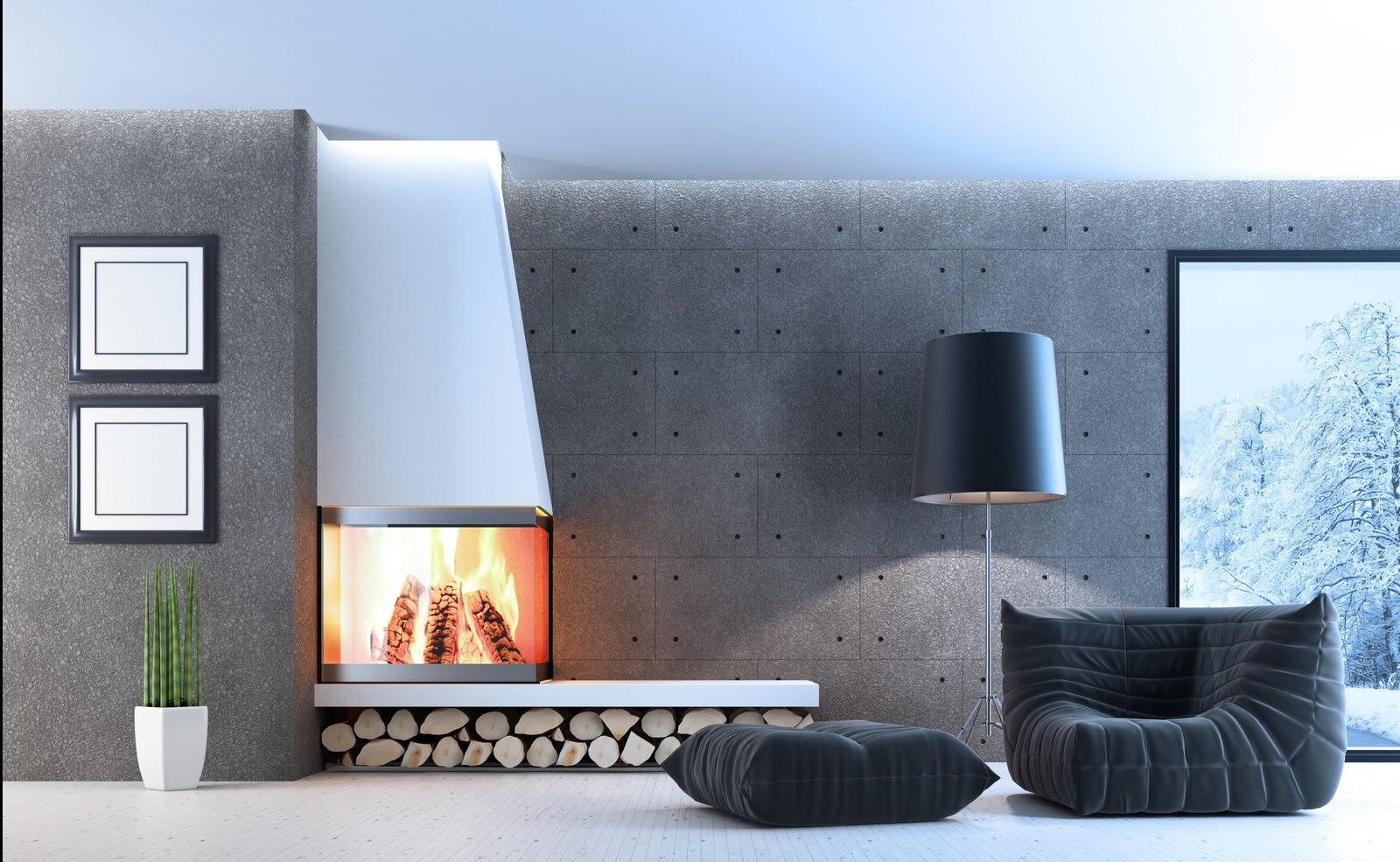 Nowoczesny salon z betonową ścianą, kominkiem z paleniskiem i zapasem drewna, czarnym fotelem typu pufa, lampą podłogową i widokiem na zimowy krajobraz za oknem.