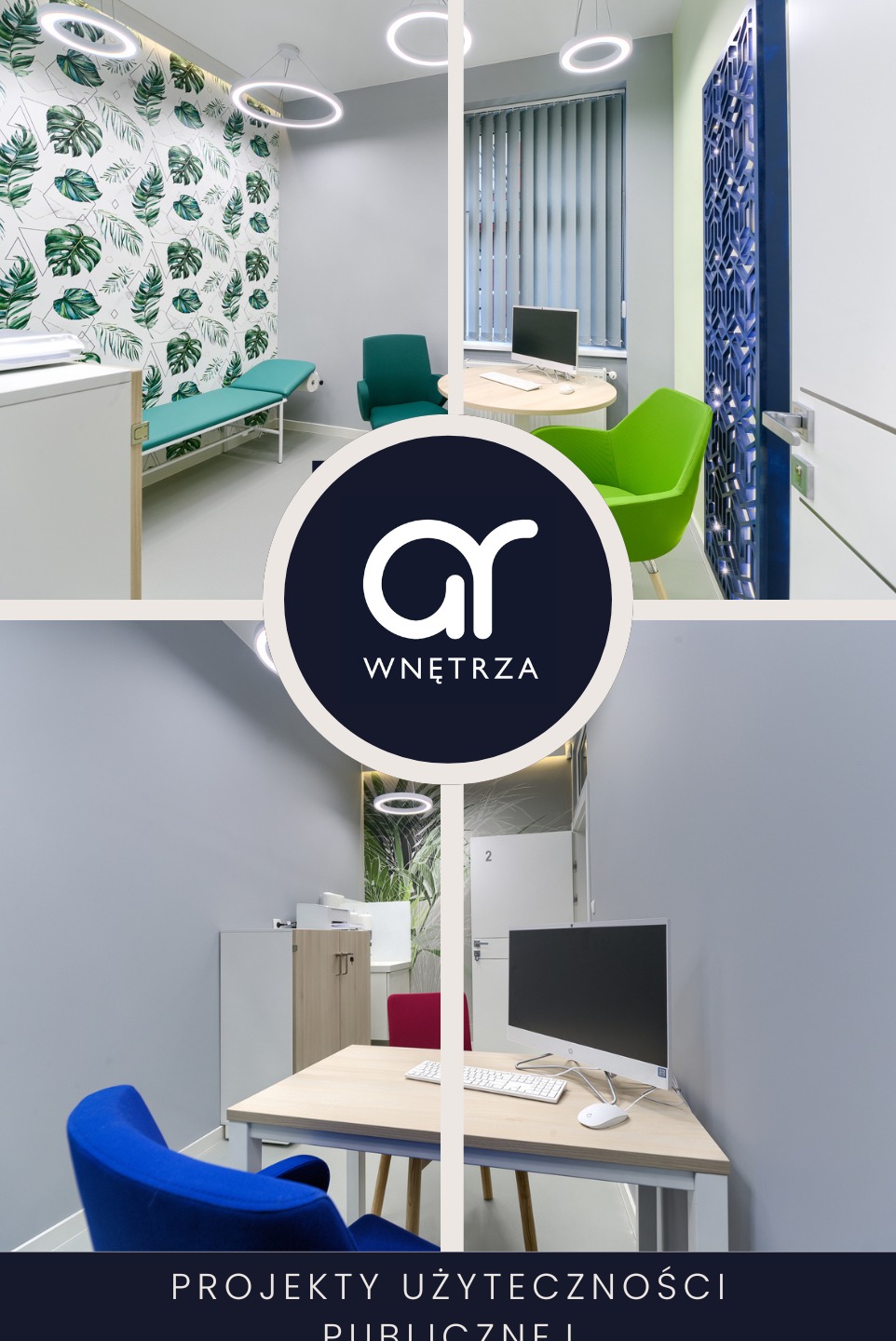 Kolaż z czterech ujęć wnętrza gabinetów lekarskich: pokój z tapetą w liście, kozetką i krzesłem, gabinet z biurkiem i krzesłem, gabinet z ażurowymi drzwiami i gabinet z biurkiem i komputerem.