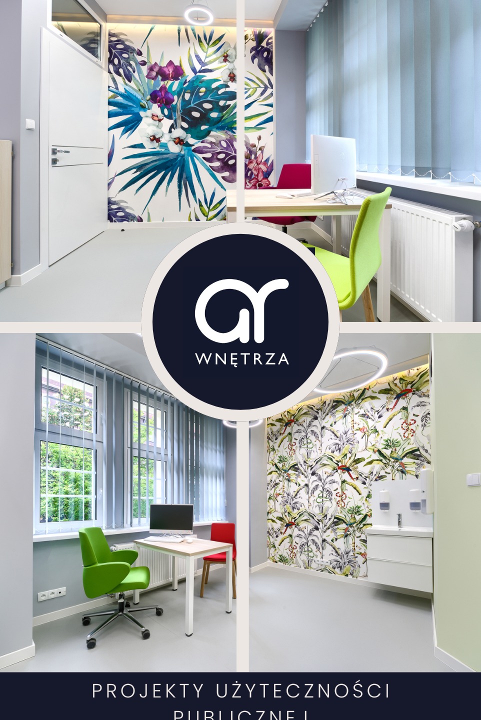 Kolaż przedstawiający dwa gabinety lekarskie ze ścianami ozdobionymi tapetami w motywy roślinne, biurkami, krzesłami w odcieniach zieleni i czerwieni oraz oknami z żaluzjami pionowymi.