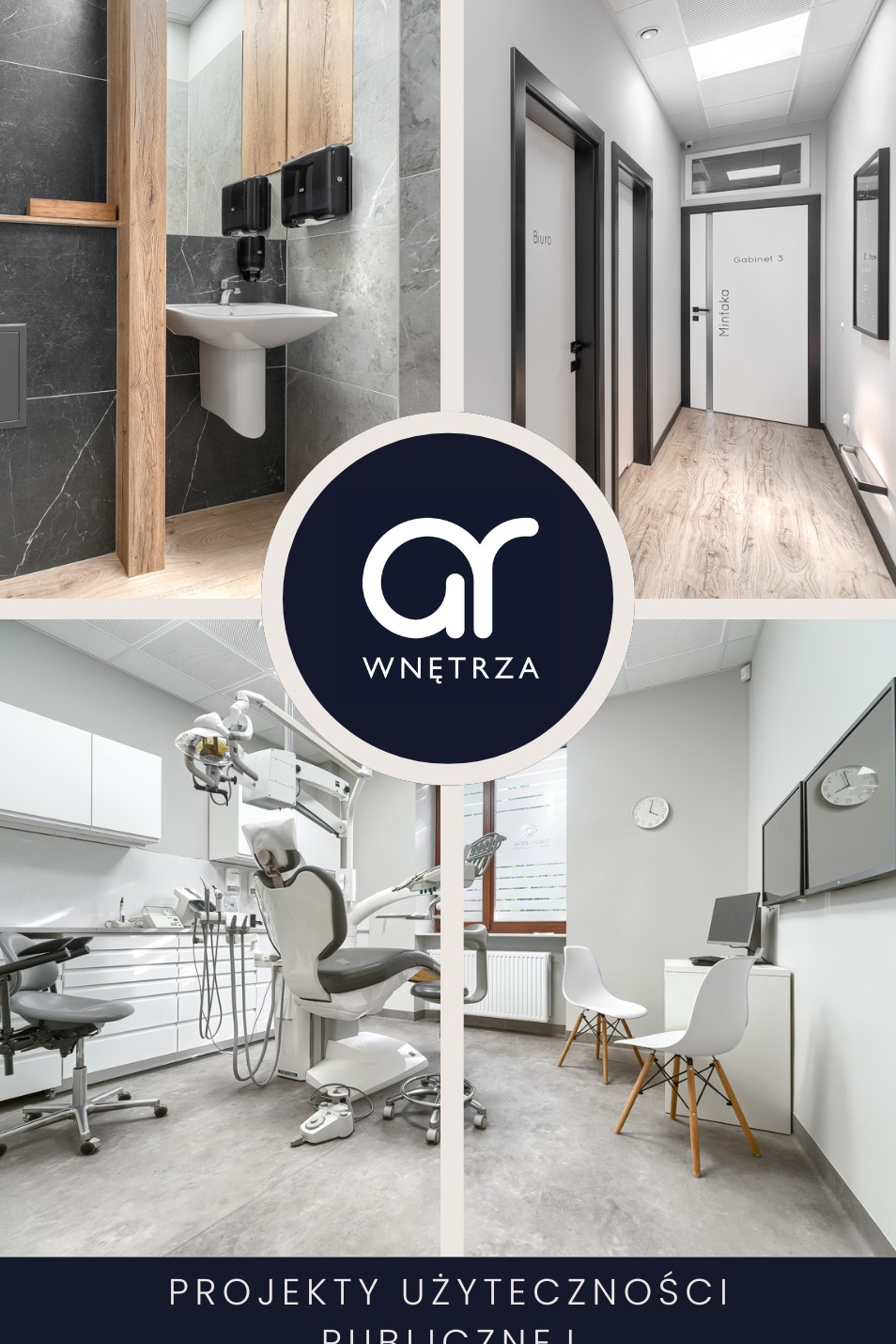 Wnętrze gabinetu stomatologicznego w Szczecinie: umywalka z marmurową ścianą, korytarz z drzwiami do gabinetów, stanowisko dentystyczne z fotelem i unitą, oraz minimalistyczne biuro z dwoma...