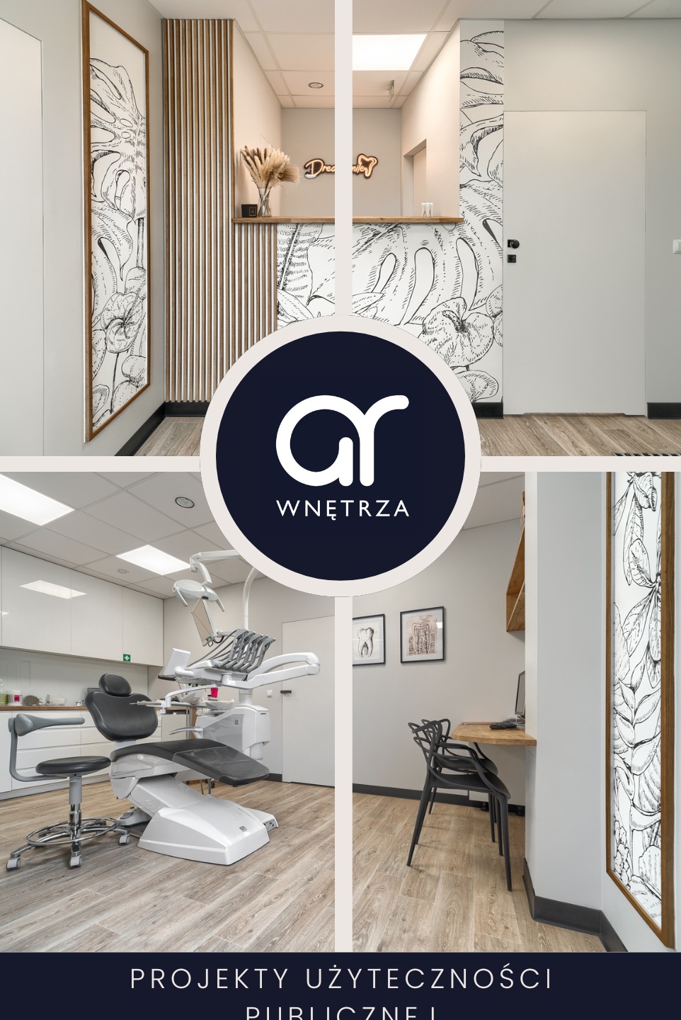 Wnętrze gabinetu stomatologicznego w Szczecinie: recepcja z motywem roślinnym, wiszące pampasowe trawy, unit dentystyczny z czarnym fotelem, biurko z komputerem i krzesłami.