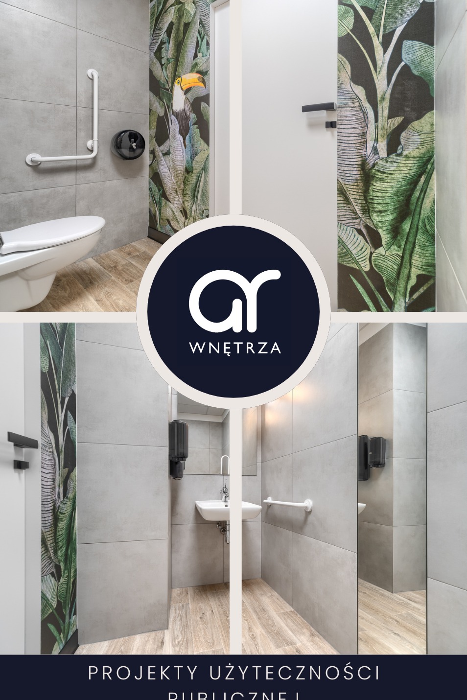 Wnętrze gabinetu stomatologicznego w Szczecinie: szare płytki, fototapeta z motywem tropikalnym, toaleta z uchwytami dla niepełnosprawnych i umywalka z lustrem.