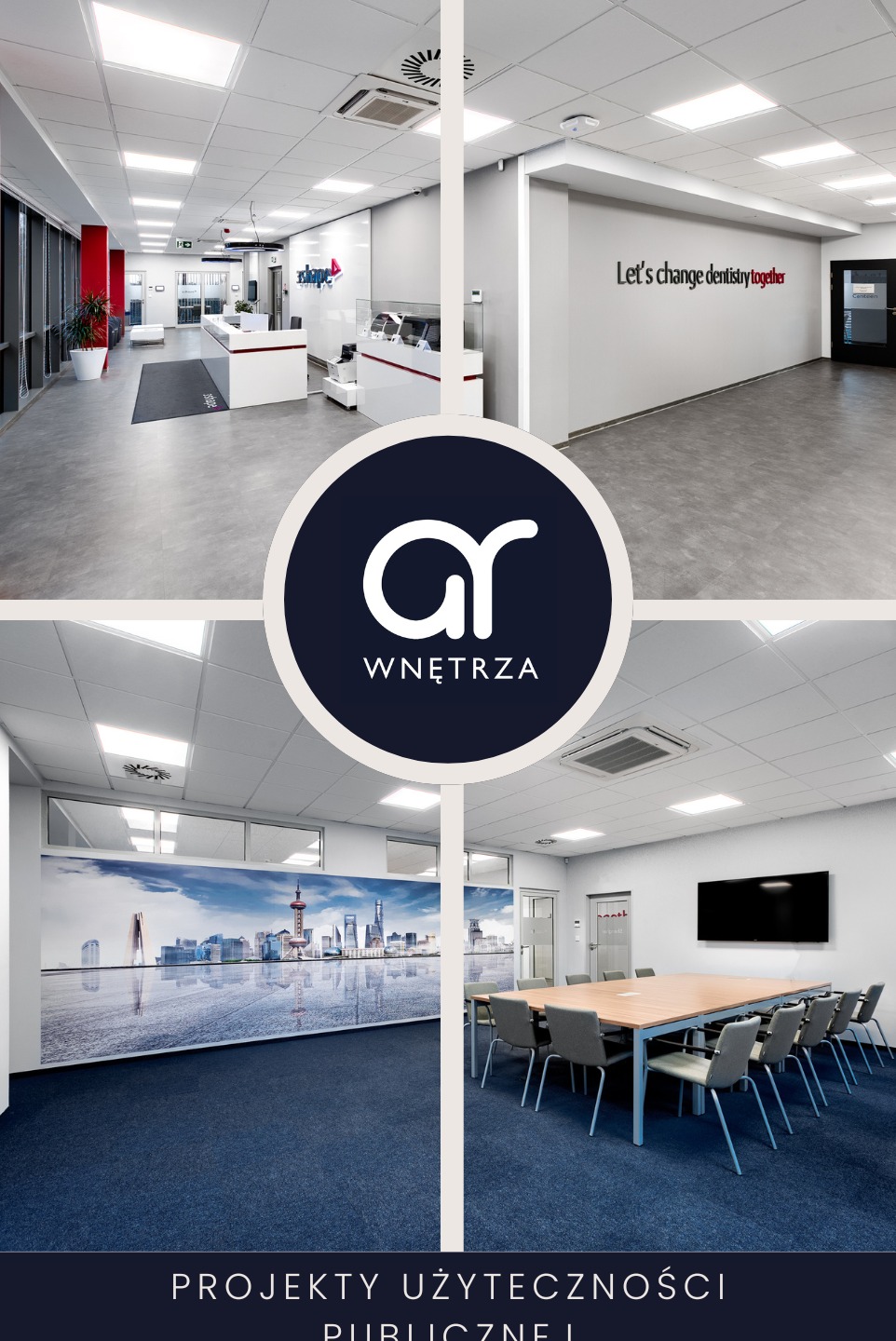 Kolaż przedstawiający nowoczesną przestrzeń biurową: recepcja z logo firmy, korytarz z napisem motywacyjnym, sala konferencyjna z widokiem na panoramę miasta.