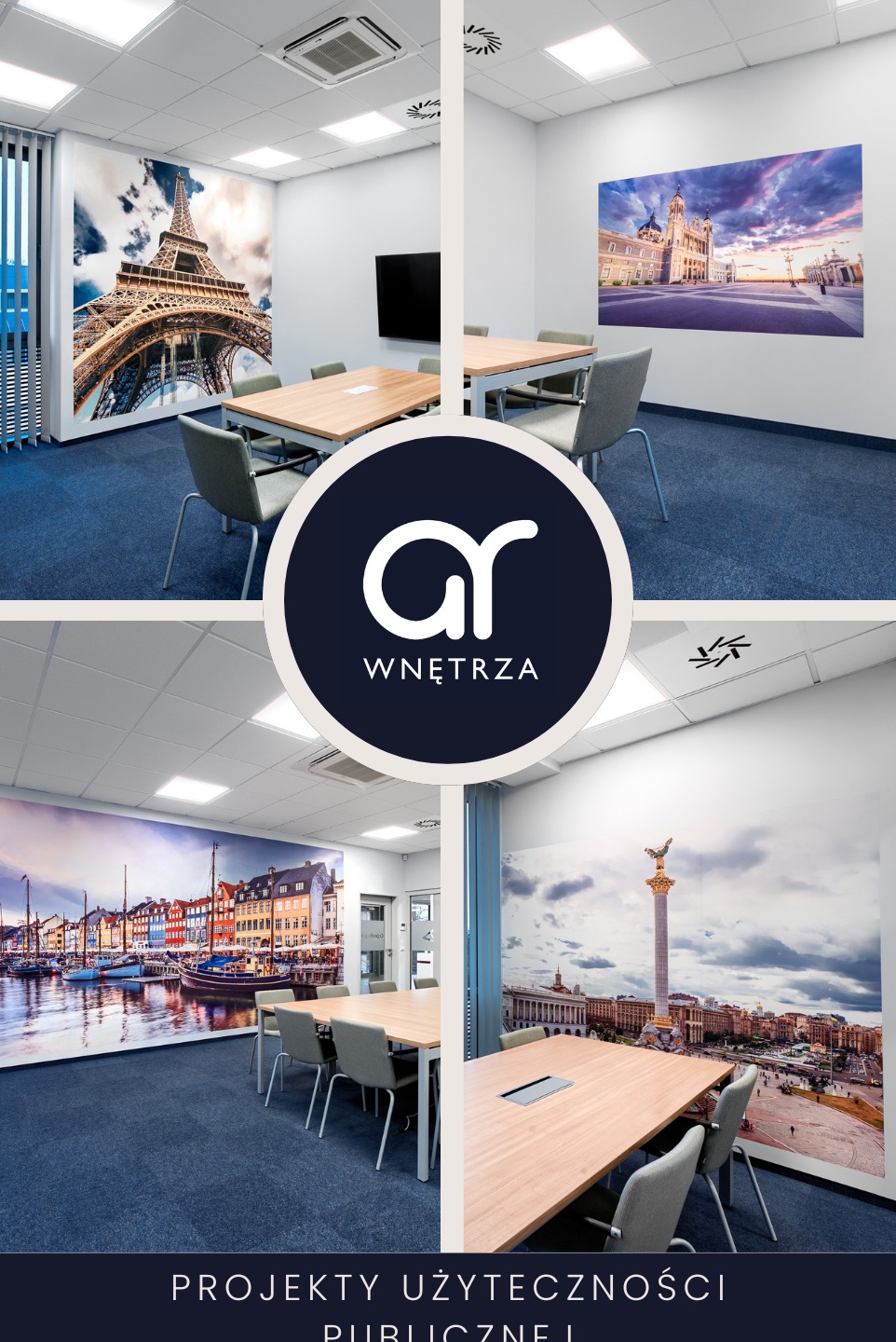 Kolaż przedstawiający cztery różne przestrzenie biurowe ze stołami konferencyjnymi i fototapetami: wieża Eiffla, katedra w Madrycie, nabrzeże w Kopenhadze i kolumna w Kijowie.