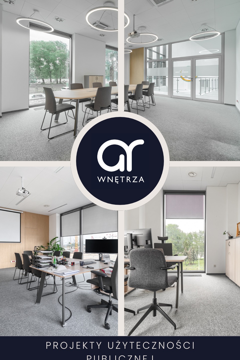 Nowoczesna przestrzeń biurowa w jasnych barwach z dużymi oknami, okrągłymi lampami sufitowymi i szarymi krzesłami, widok na salę konferencyjną i stanowiska pracy z monitorami.