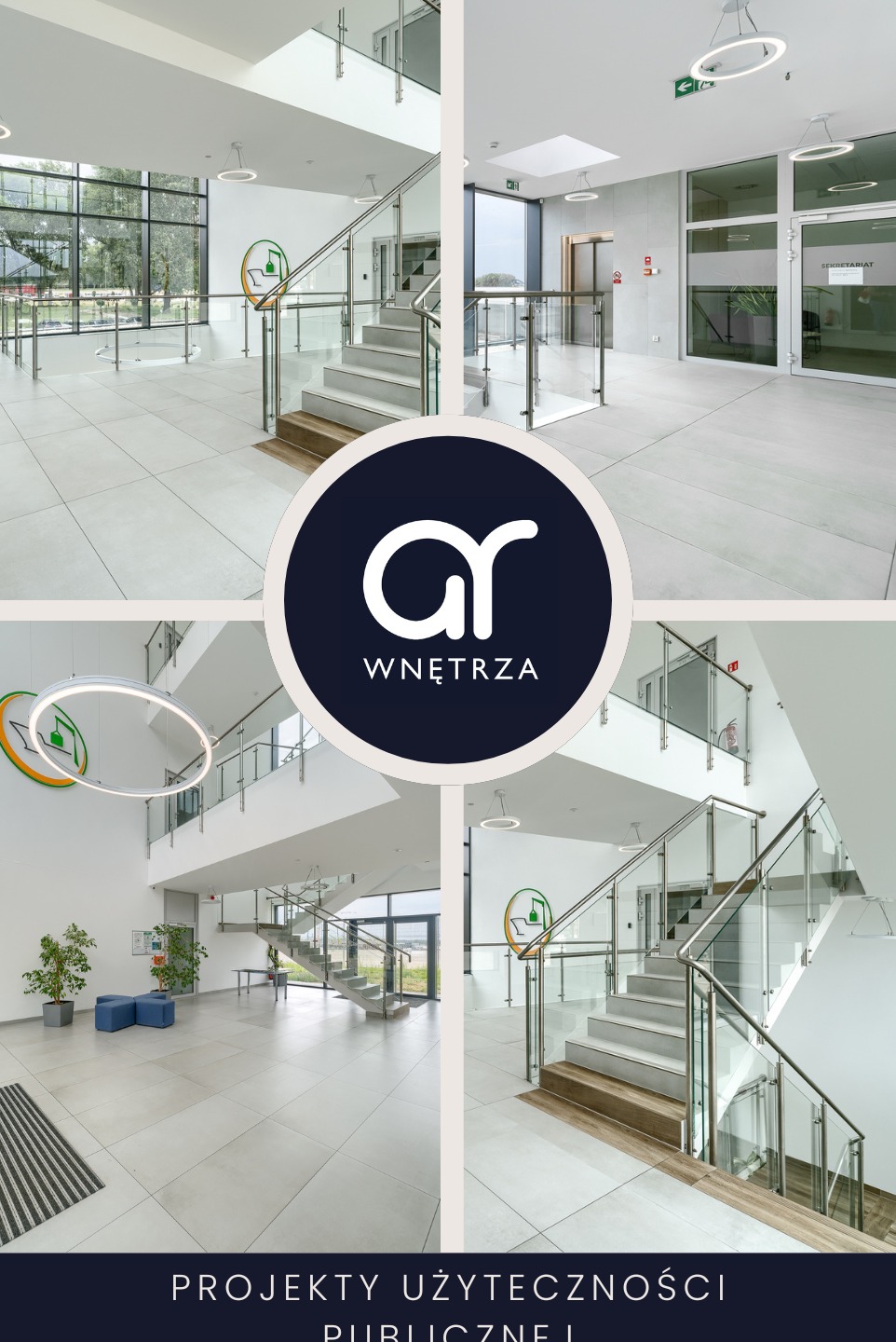 Kolaż przedstawiający jasne, nowoczesne wnętrze budynku użyteczności publicznej w Szczecinie, z dominującą bielą, szklanymi balustradami schodów i okrągłymi lampami sufitowymi. Widoczny fragment...