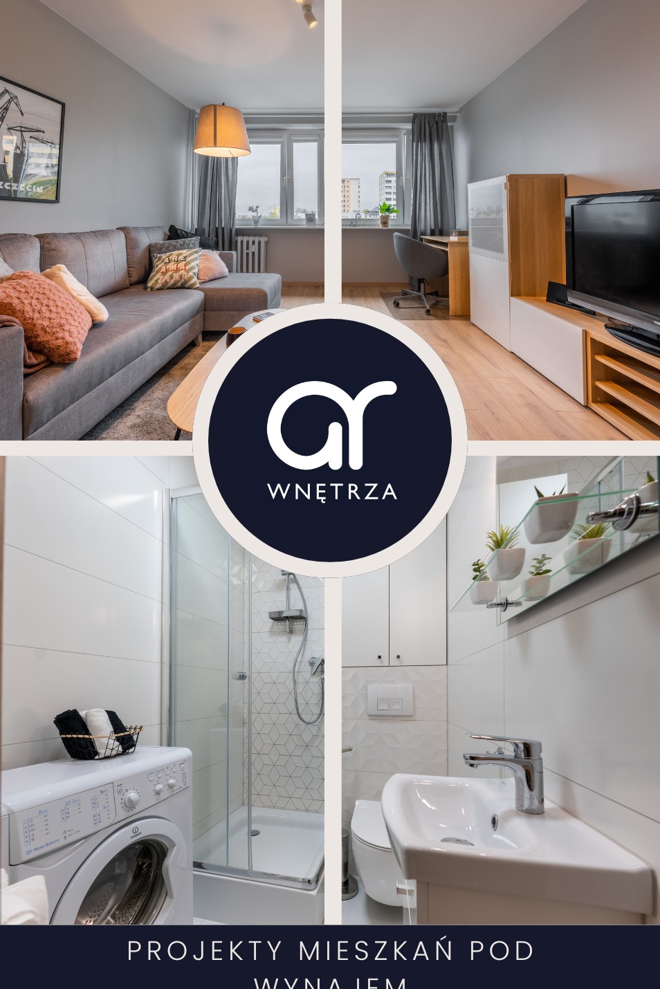 Kolaż wnętrz mieszkania: salon z szarą sofą i biurkiem przy oknie, łazienka z pralką, kabiną prysznicową i umywalką, centralnie logo firmy AR Wnętrza.