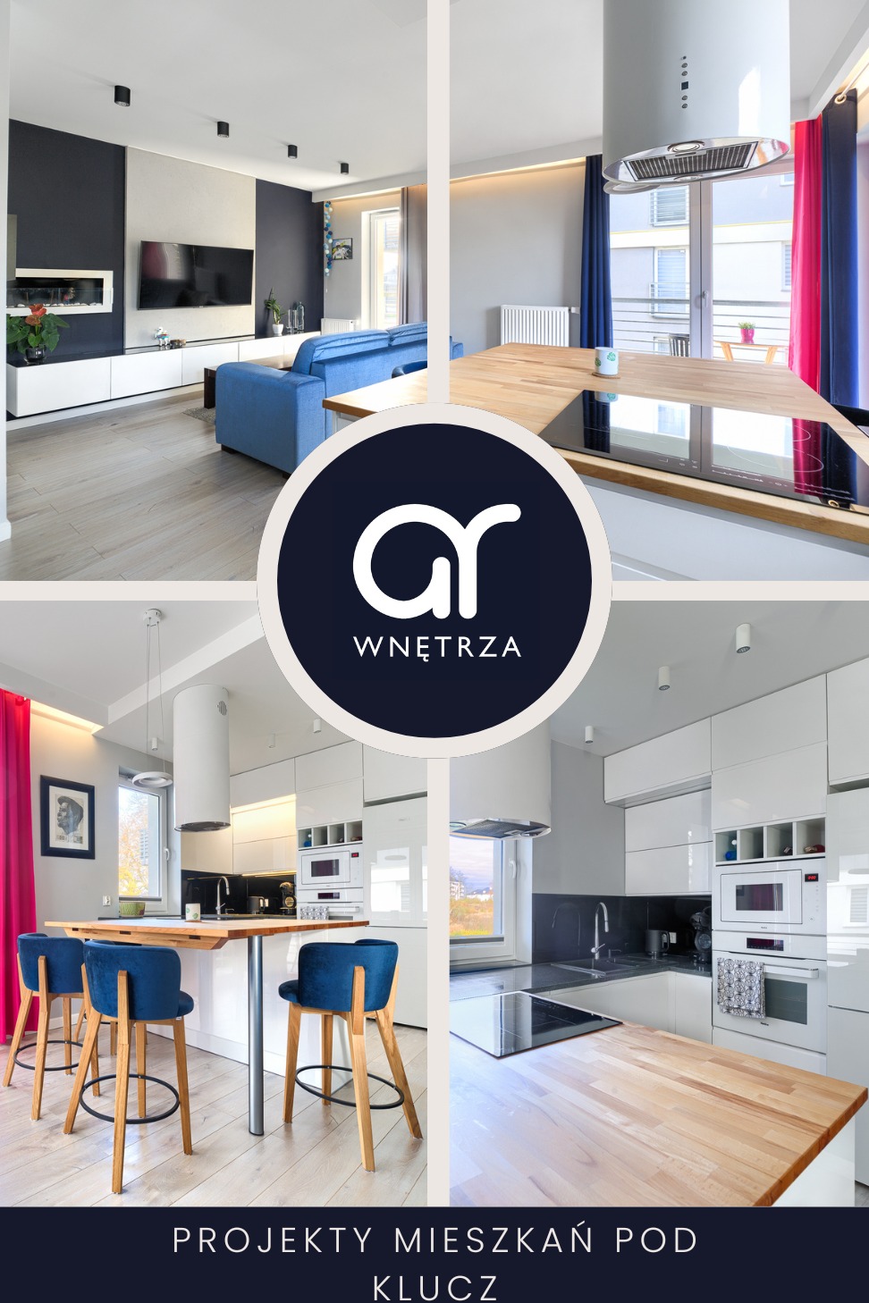 Mozaika zdjęć z realizacji mieszkania w Szczecinie: salon z niebieską sofą i telewizorem na ścianie, kuchnia z drewnianym blatem, okapem cylindrycznym, niebieskimi hokerami i zasłonami w kolorach...