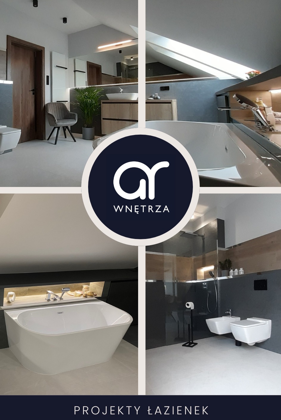 Kolaż prezentujący nowoczesną łazienkę z wanną wolnostojącą, toaletą, bidetem, umywalką na drewnianej szafce i szarą ścianą, uzupełniony logotypem firmy.