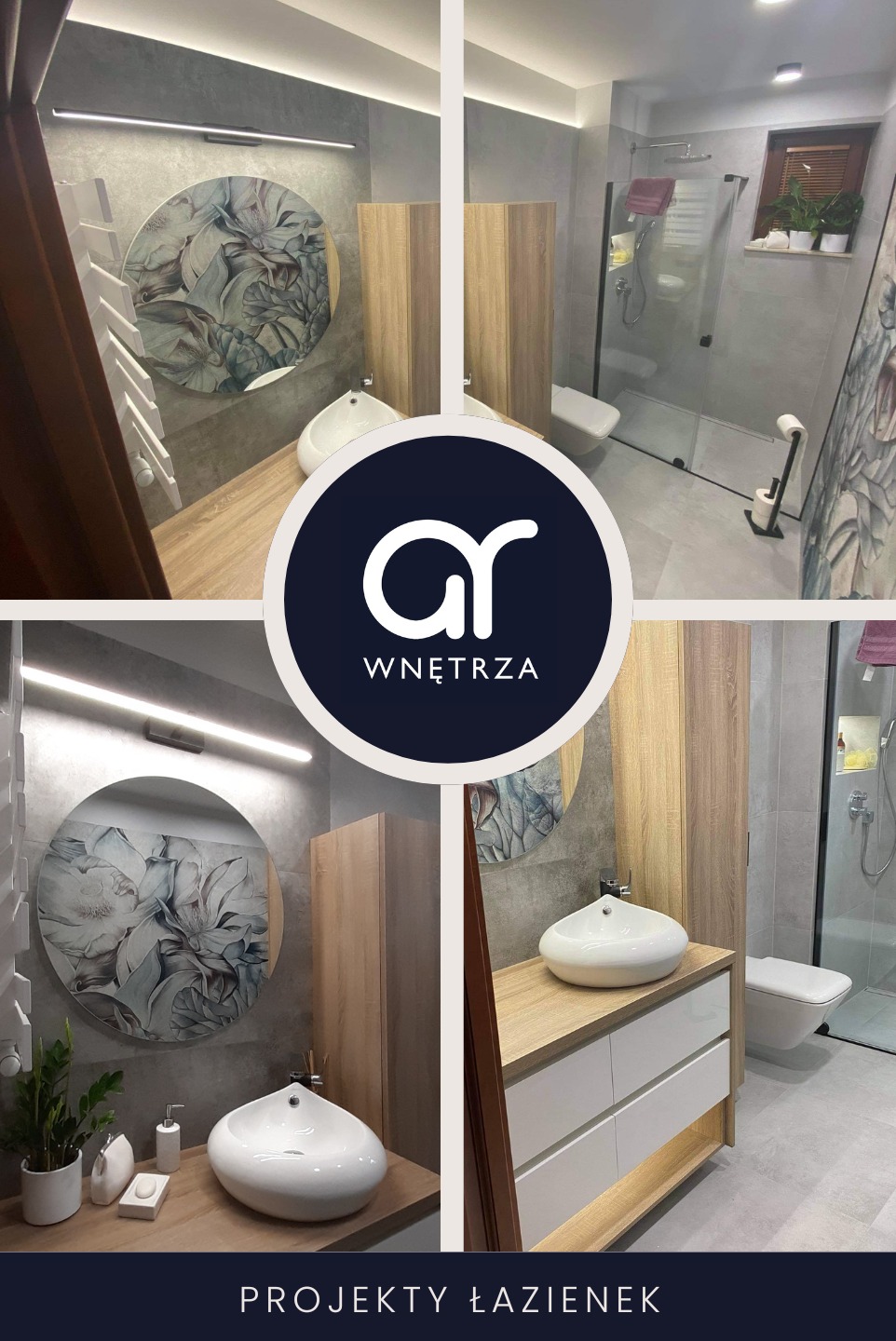 Nowoczesna łazienka z umywalką nablatową w kształcie łzy, okrągłym lustrem z motywem kwiatowym, drewnianymi szafkami i kabiną prysznicową typu walk-in.