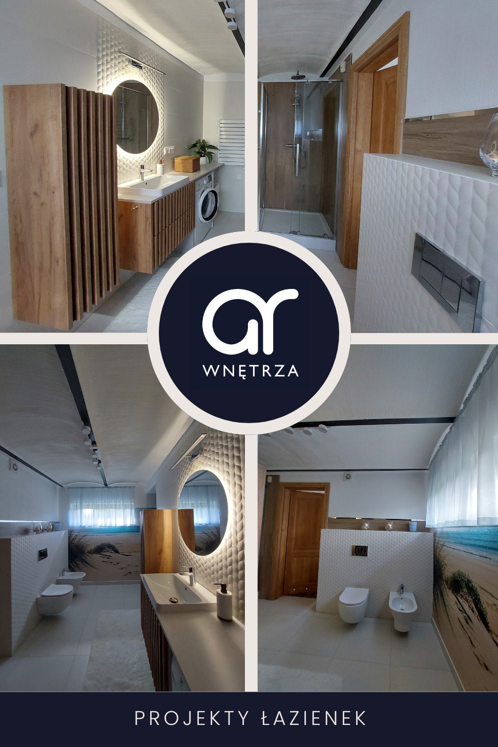 Nowoczesna łazienka z drewnianymi akcentami, okrągłym lustrem z podświetleniem LED, i fototapetą z motywem plaży, widok na kabinę prysznicową i umywalkę z szafką z lamelami.