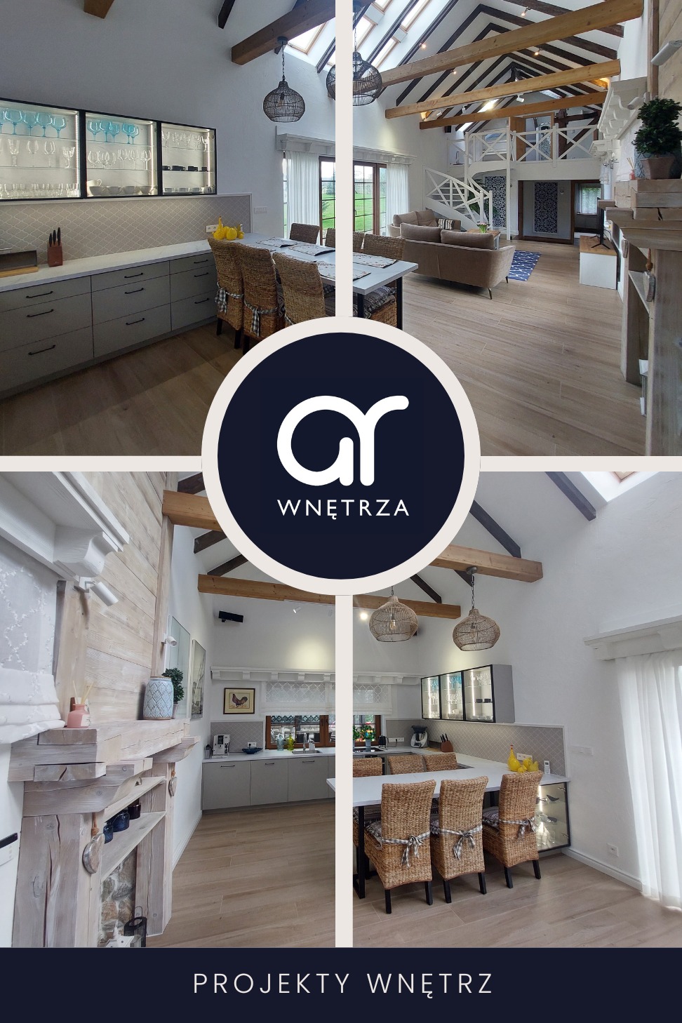 Jasne, przestronne wnętrze rezydencji nadmorskiej z drewnianymi belkami stropowymi, antresolą z białymi schodami, kuchnią z szarymi szafkami i rattanowymi krzesłami przy stole, widok na salon...