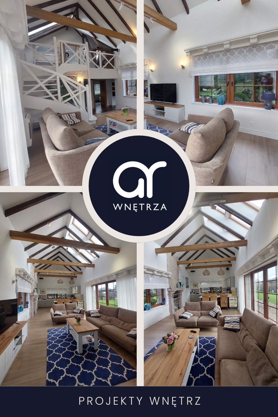 Kolaż prezentujący przestronne wnętrze rezydencji nadmorskiej z wysokim stropem, drewnianymi belkami, białymi schodami z ozdobną balustradą, beżową sofą i niebieskim dywanem we wzory. Widoczna...