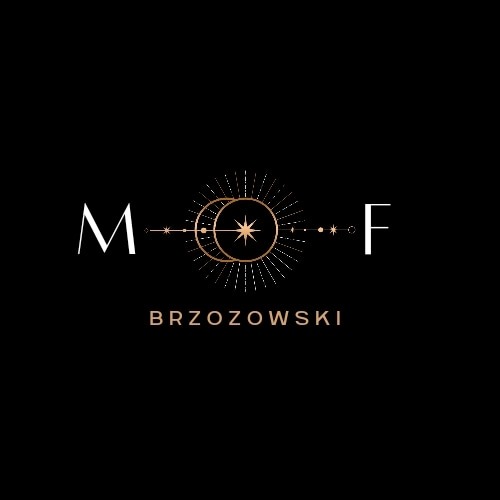 Eleganckie logo firmy 'M F Brzozowski' z motywem księżyca, gwiazdy i promieni w kolorze złotym na czarnym tle.