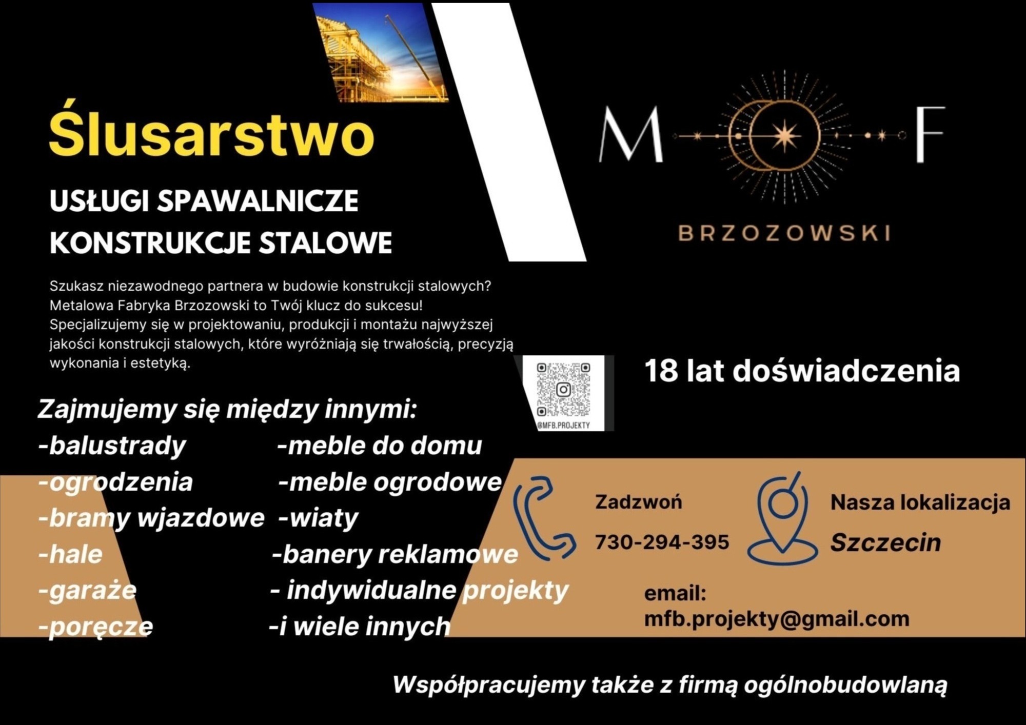 Grafika reklamowa firmy ślusarskiej specjalizującej się w konstrukcjach stalowych, balustradach, ogrodzeniach i bramach wjazdowych.