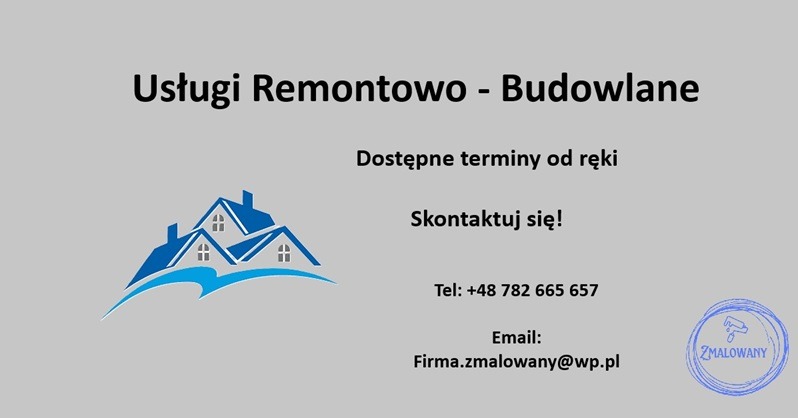 Wizytówka firmy remontowo-budowlanej z logo przedstawiającym trzy domy pod falą, hasłem 'Dostępne terminy od ręki' oraz danymi kontaktowymi.