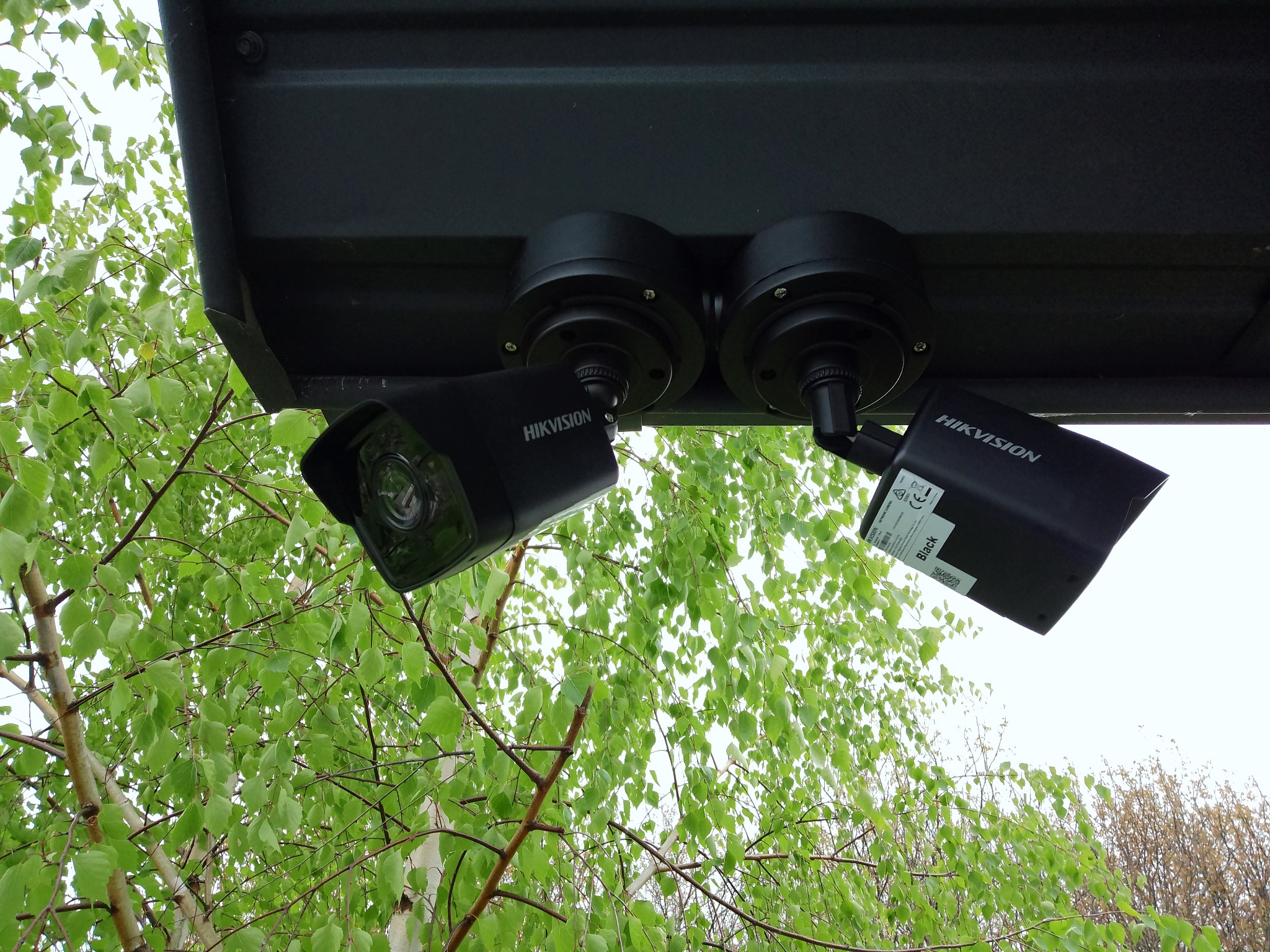 Dwie czarne kamery monitoringu Hikvision zamontowane pod zadaszeniem, widoczne z dołu na tle zielonych liści drzew.