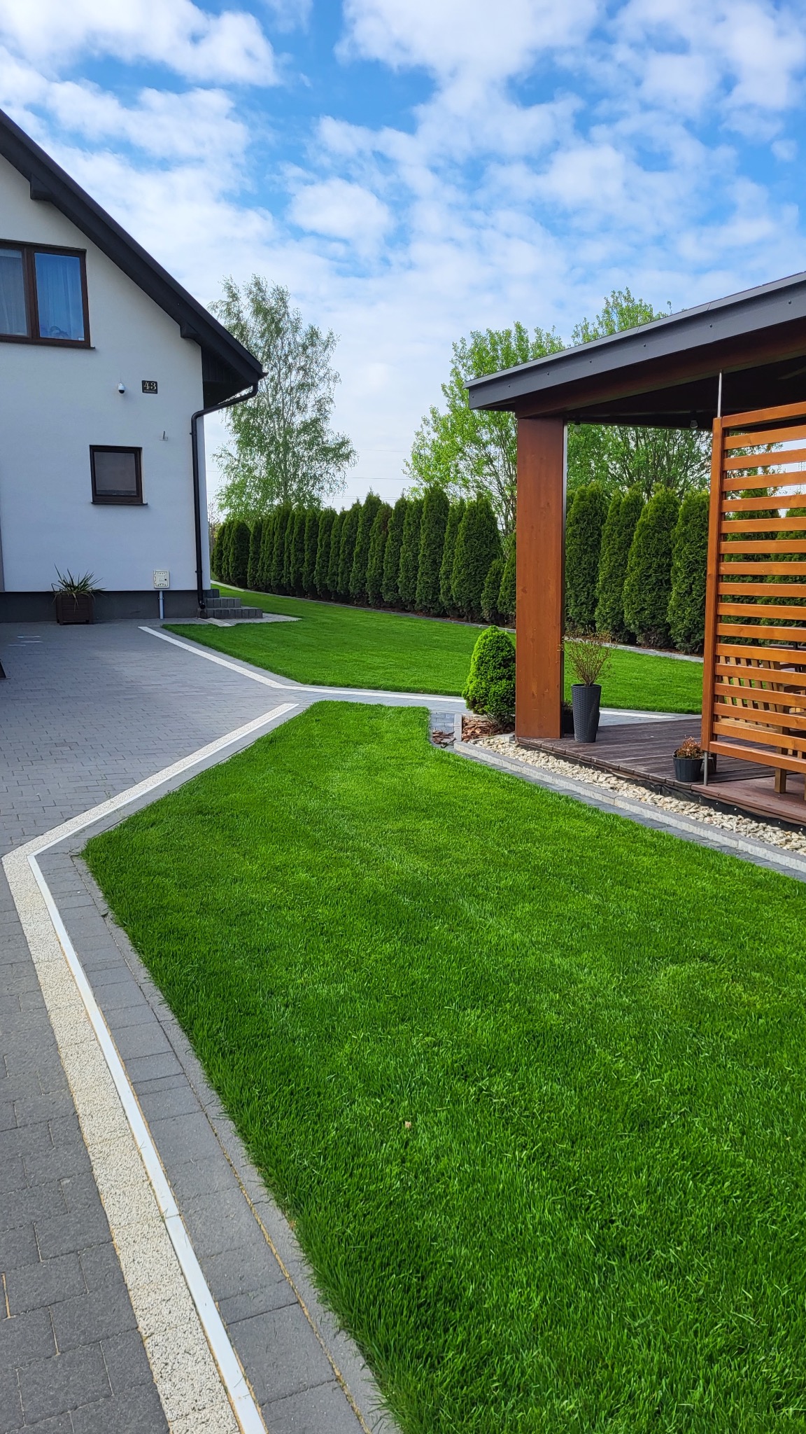 Perfekcyjnie utrzymany trawnik przydomowy z równo przystrzyżoną trawą, obrzeżami z kostki brukowej i szpalerem tuj w tle, widok z poziomu gruntu na nowoczesny dom z jasną elewacją i drewnianą altaną.