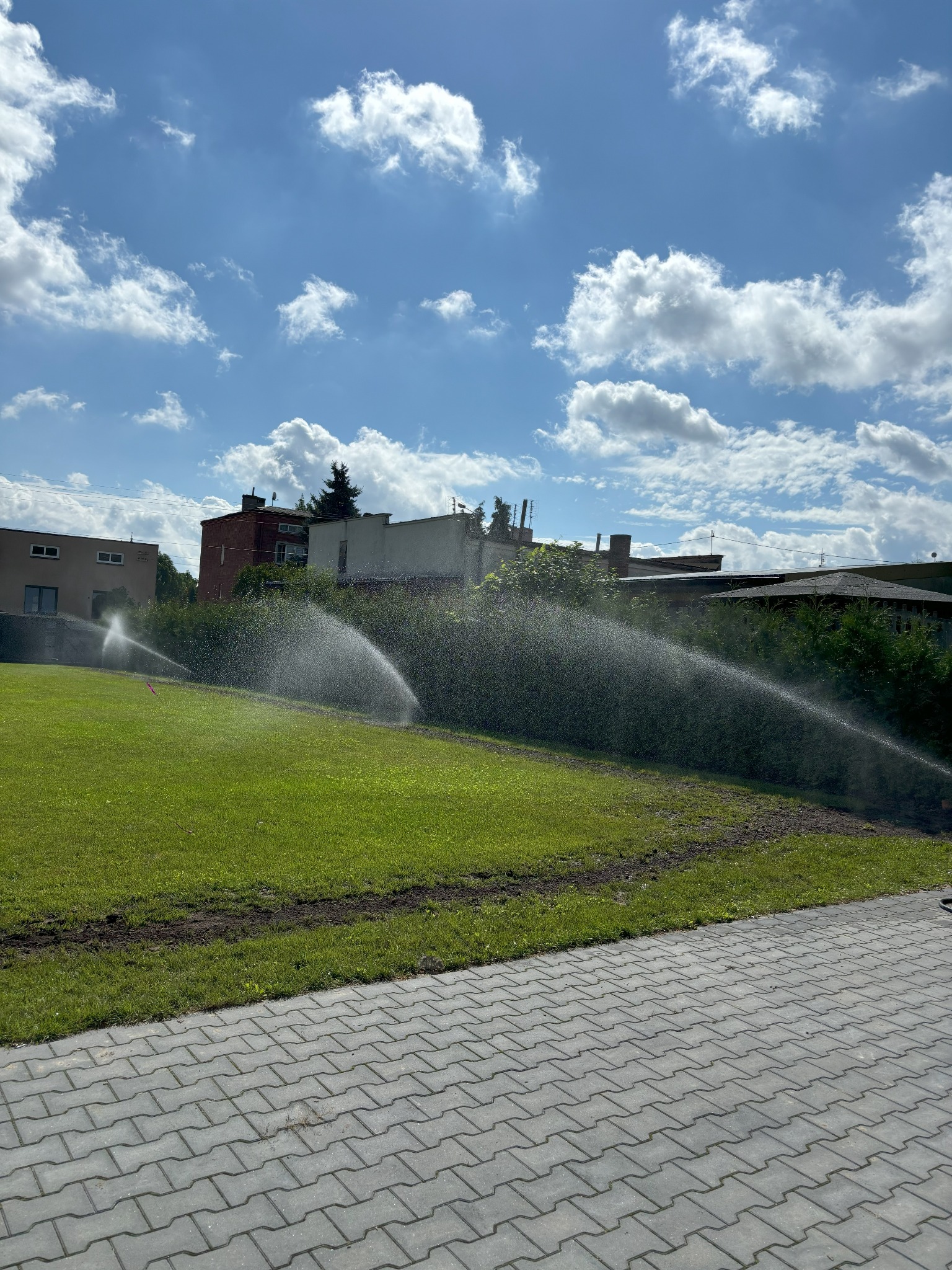Automatyczne zraszacze nawadniające świeżo założony trawnik, widoczne ślady po pracach ziemnych, w tle budynki mieszkalne i błękitne niebo z obłokami.