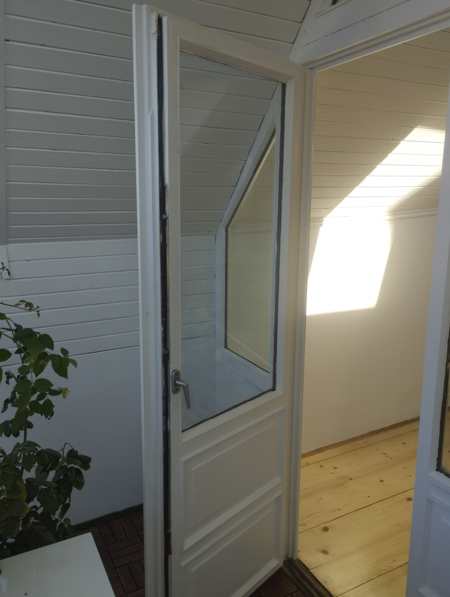 Białe, częściowo otwarte drzwi z szybą, widok na jasne wnętrze z drewnianą podłogą i fragment ściany z boazerią. Z lewej strony widoczny fragment rośliny.