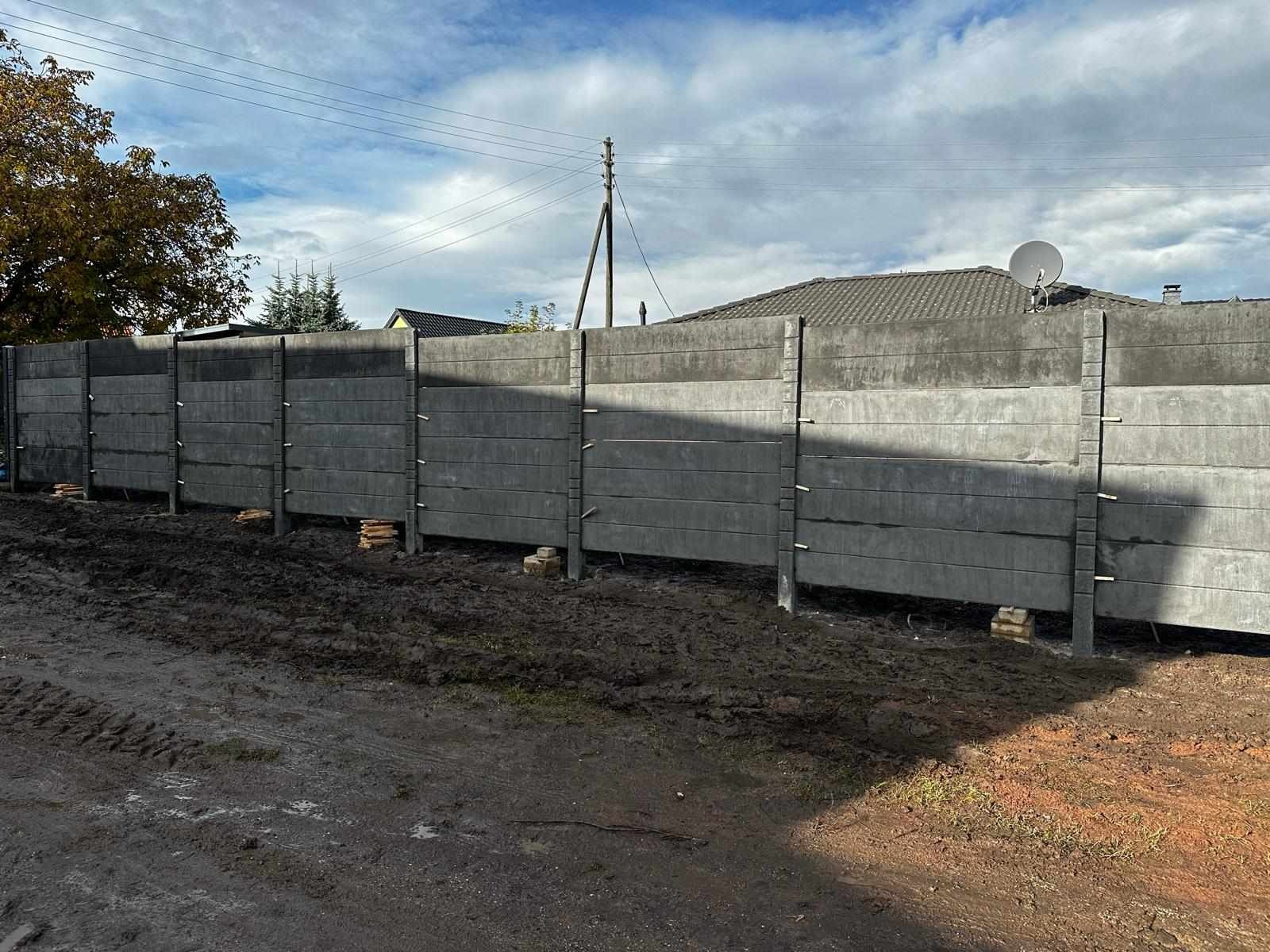 Nowo postawiony, szary, betonowy płot panelowy z widocznymi słupkami i poziomymi panelami na błotnistym terenie, z elementami drewnianymi pod słupkami, ustawiony wzdłuż drogi.