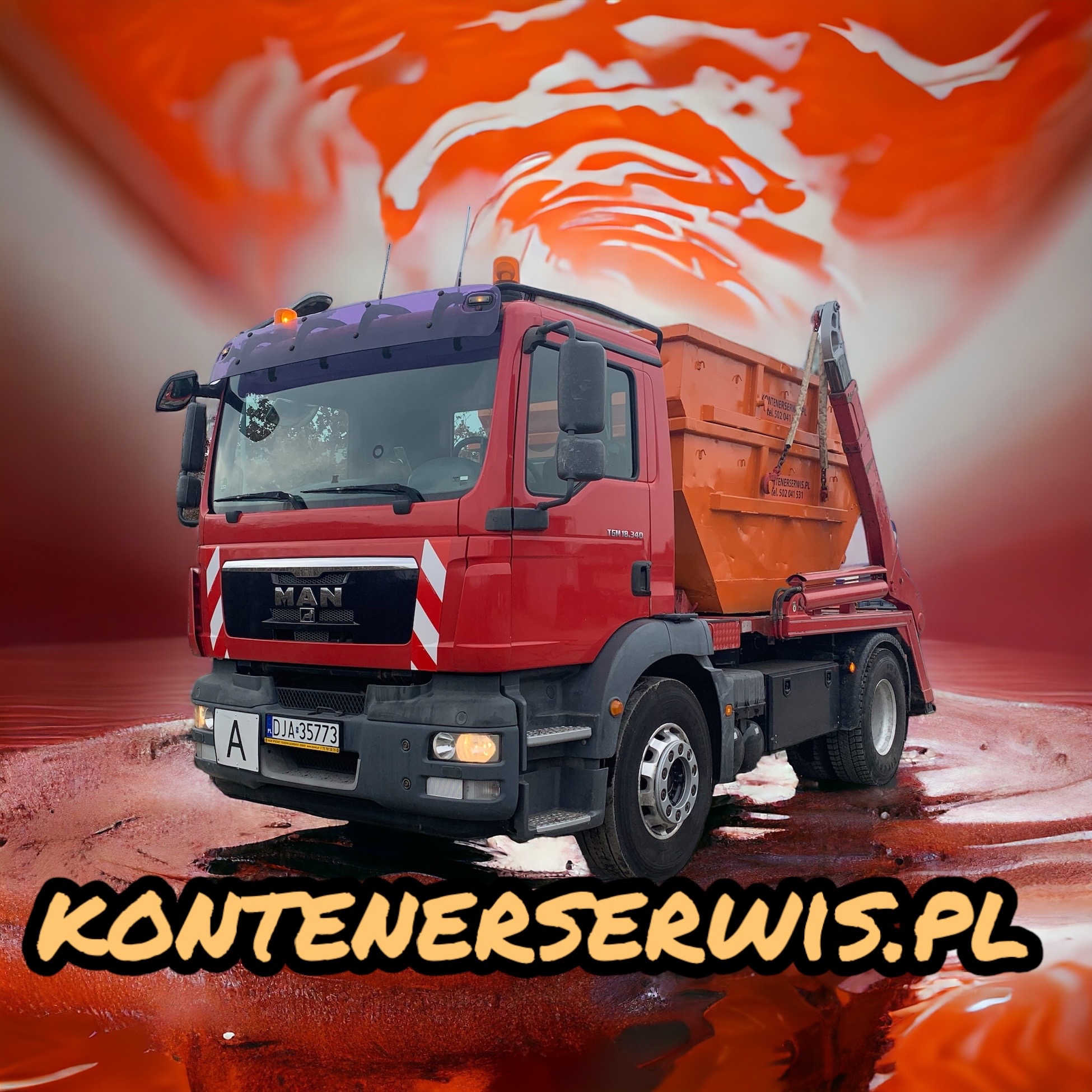 Czerwona ciężarówka MAN z pomarańczowym kontenerem na platformie, zaparkowana na tle abstrakcyjnego, pomarańczowo-białego tła. Na dole widoczny adres strony internetowej.