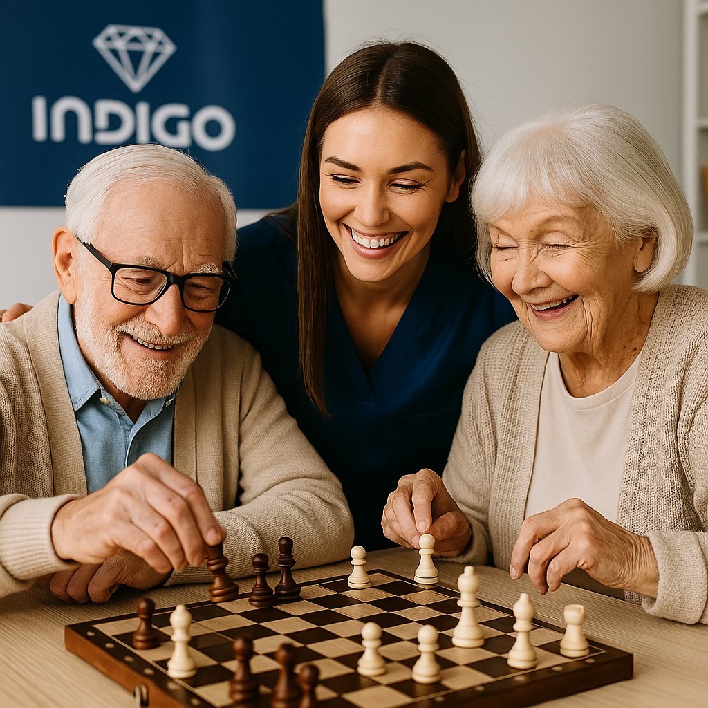 Uśmiechnięta opiekunka obserwuje seniorów grających w szachy przy drewnianym stole. W tle widoczne logo firmy Indigo.