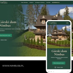 Przemysław Drożniak INTERAKCJO - Widok ekranu komputera i smartfona prezentujących stronę internetową Gorski Dom Nimbus z widokiem na budynek pensjonatu w górach.