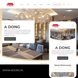 Przemysław Drożniak INTERAKCJO - Projekt strony internetowej restauracji A Dong, widok desktopowy obok mobilnego, prezentujący wnętrze lokalu i menu.