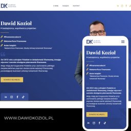 Przemysław Drożniak INTERAKCJO - Prezentacja responsywnego projektu strony internetowej Dawida Kozioła, wyświetlana na ekranie komputera i smartfona, z widocznym menu, hasłami #finansowozalezni, Metamorfoza Finansowa...