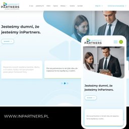 Przemysław Drożniak INTERAKCJO - Prezentacja strony internetowej firmy InPartners na ekranie laptopa i smartfona, z widocznymi sekcjami 'O nas', 'Jesteśmy IN' oraz hasłem 'Jesteśmy dumni, że jesteśmy inPartners'.