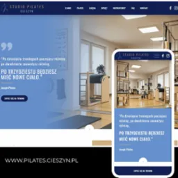 Responsywna strona internetowa studia Pilates z Cieszyna, widok desktopowy i mobilny, prezentująca wnętrze studia i ofertę treningową.