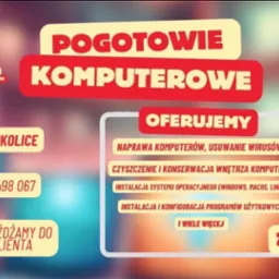 Grafika reklamowa pogotowia komputerowego z informacjami o ofercie, obejmującej naprawę, usuwanie wirusów, czyszczenie wnętrza, instalację systemów operacyjnych i konfigurację programów,...
