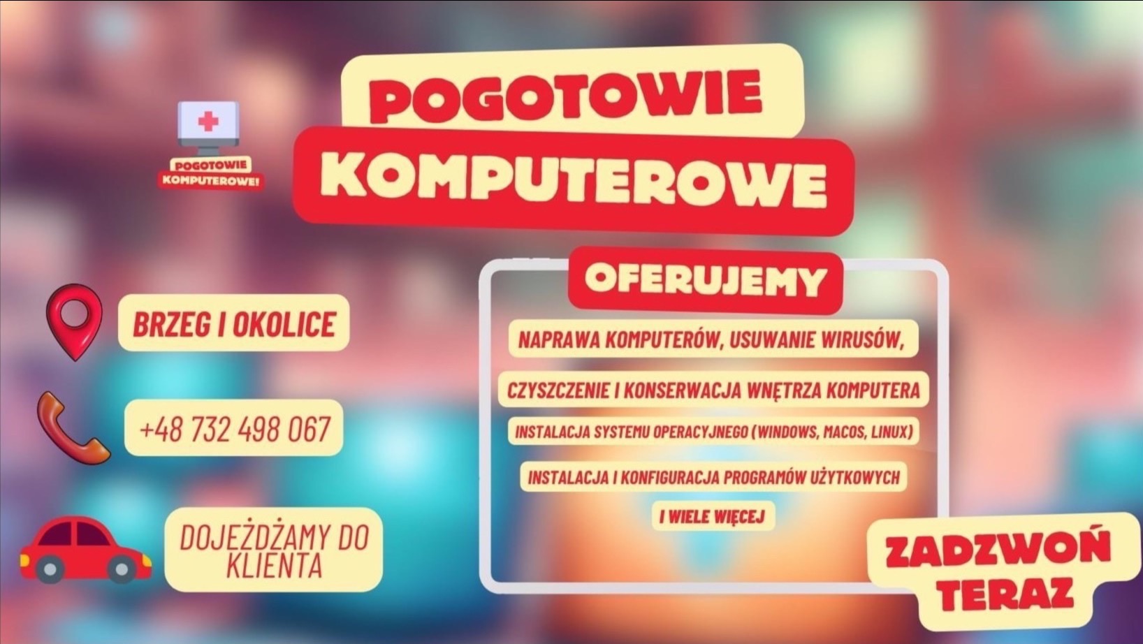 Grafika reklamowa pogotowia komputerowego z informacjami o ofercie, obejmującej naprawę, usuwanie wirusów, czyszczenie wnętrza, instalację systemów operacyjnych i konfigurację programów,...