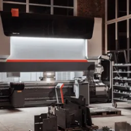 Duża, nowoczesna prasa krawędziowa Xpert 250 w hali produkcyjnej z ceglaną ścianą w tle. Na pierwszym planie widoczne metalowe elementy czekające na obróbkę.