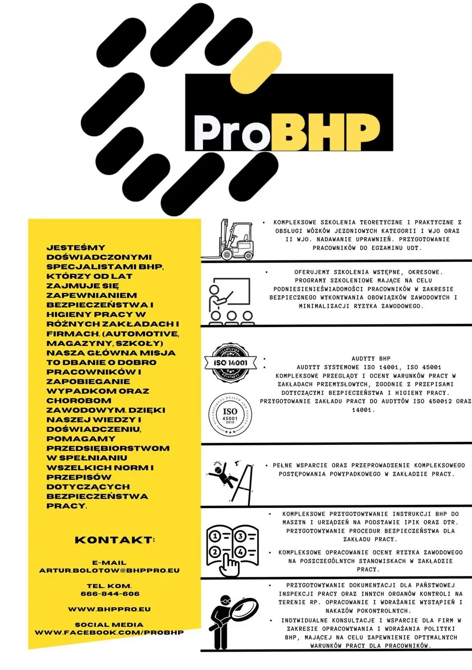 Grafika reklamowa firmy ProBHP oferującej szkolenia i usługi związane z bezpieczeństwem i higieną pracy, w tym szkolenia na wózki widłowe, audyty, instrukcje BHP i ocenę ryzyka zawodowego.