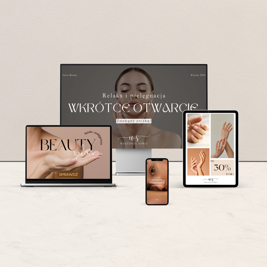 Ekran komputera, laptopa, tabletu i smartfona prezentujące stronę internetową salonu kosmetycznego z hasłem 'Relaks i pielęgnacja, Wkrótce otwarcie' oraz logo firmy 'WS Wiktoria Sowa'.
