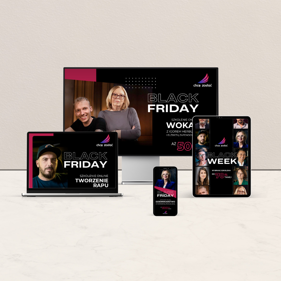 Ekran komputera, laptop, tablet i smartfon wyświetlające grafiki z motywem 'Black Friday' i ofertami szkoleń online, z różnymi osobami na ekranach.
