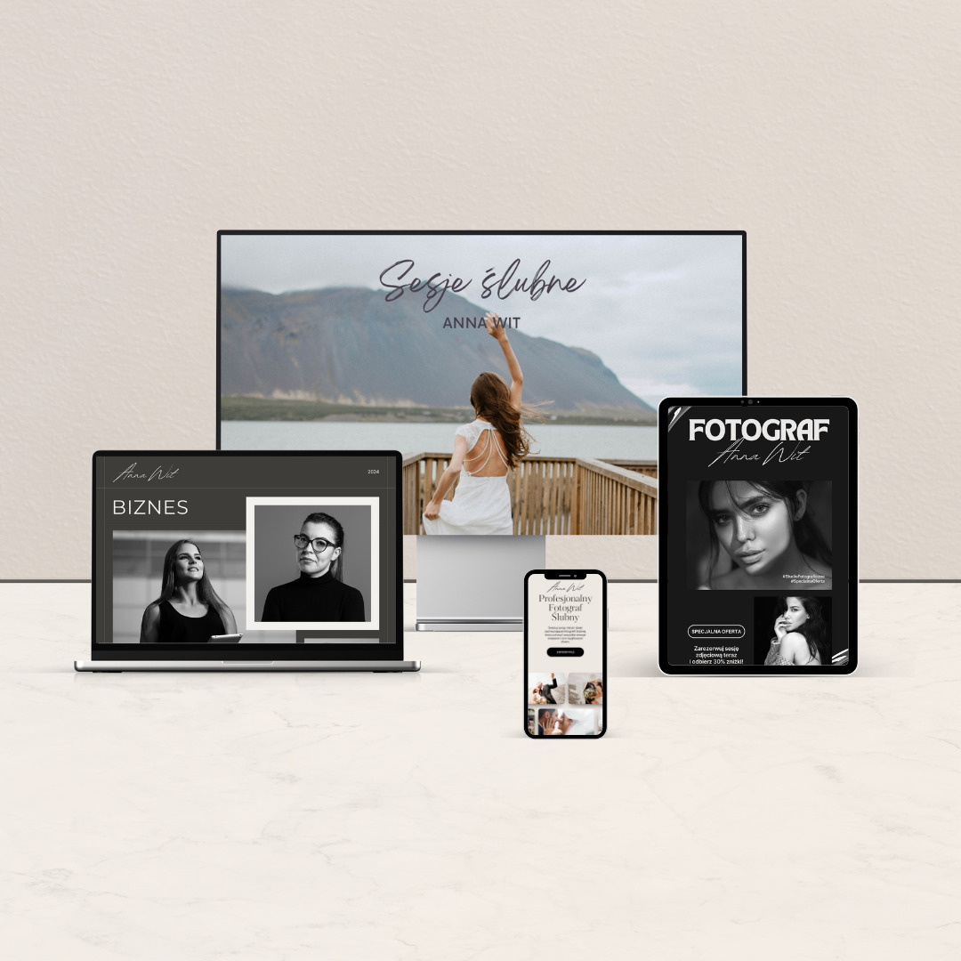Prezentacja portfolio fotografa na różnych urządzeniach: monitorze, laptopie, tablecie i smartfonie, z widocznymi zdjęciami z sesji ślubnych i biznesowych.
